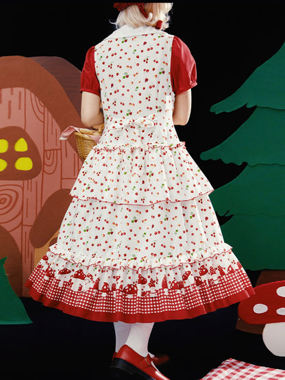 Meugler - Kawaii Red Mushroom & Berry Plaid Ruffle Midi Dress
