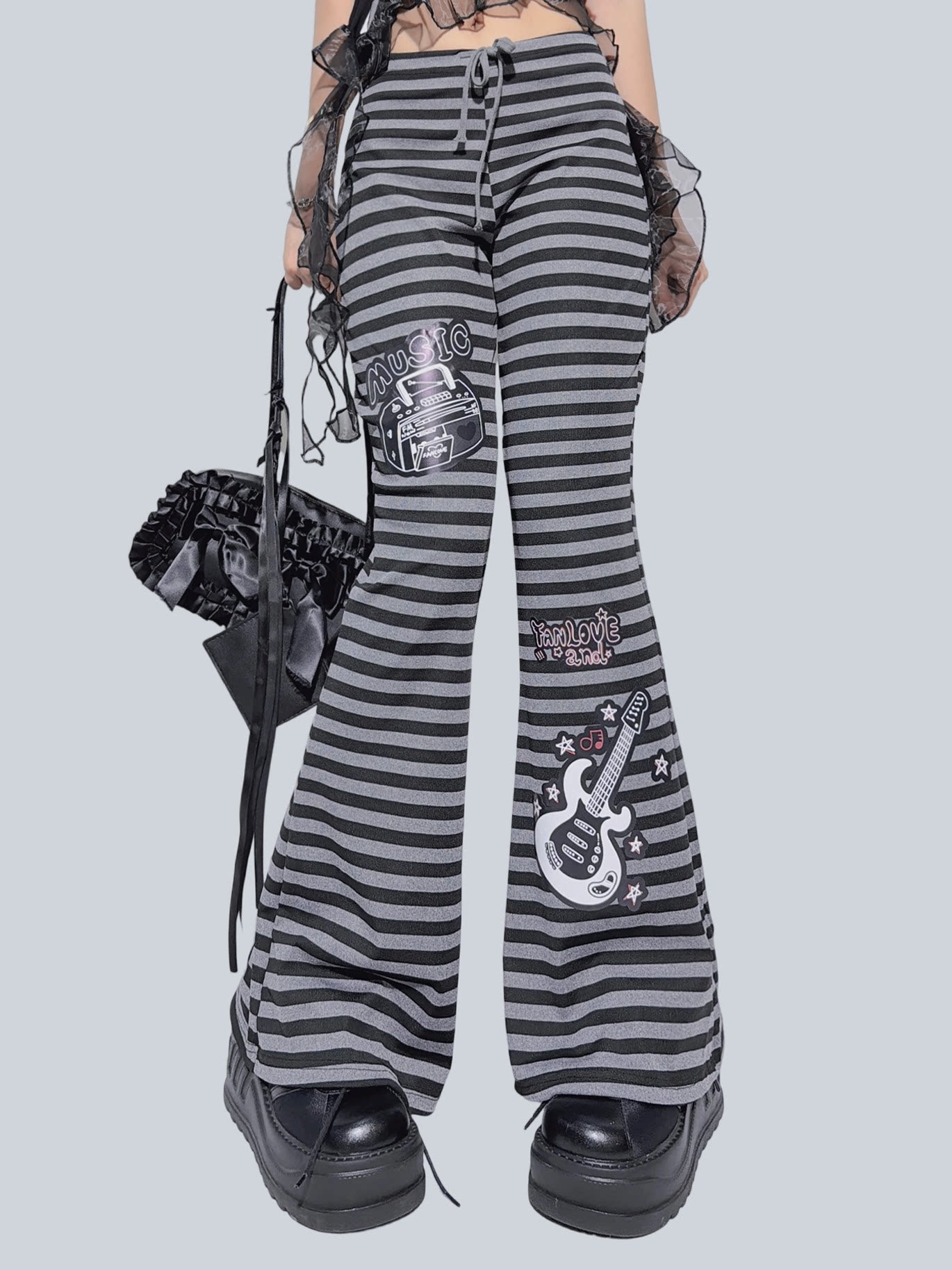 FANLOVEGIRL - Black Striped Music Flare Pants pants FANLOVEGIRL