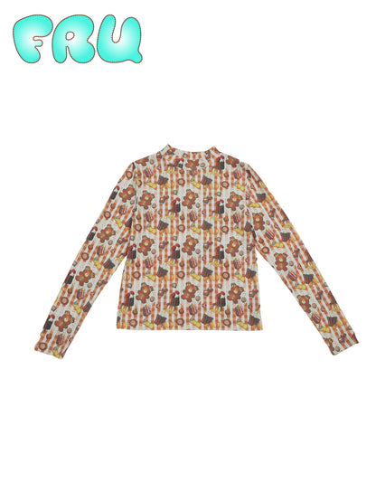 frufru - Kawaii Cookie Print Waffle Tee Long Sleeve Cotton Base Layer shirt frufru S