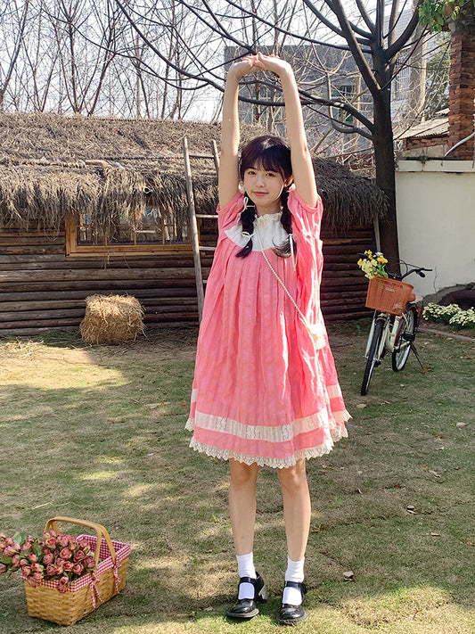 Mameya - Kawaii Pink Lace Puff Sleeve High Waist Dress Short Sleeve dress Mameya