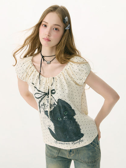 ziziFei - Cat Star Off-Shoulder Bubble Sleeve Tee tshirt ziziFei