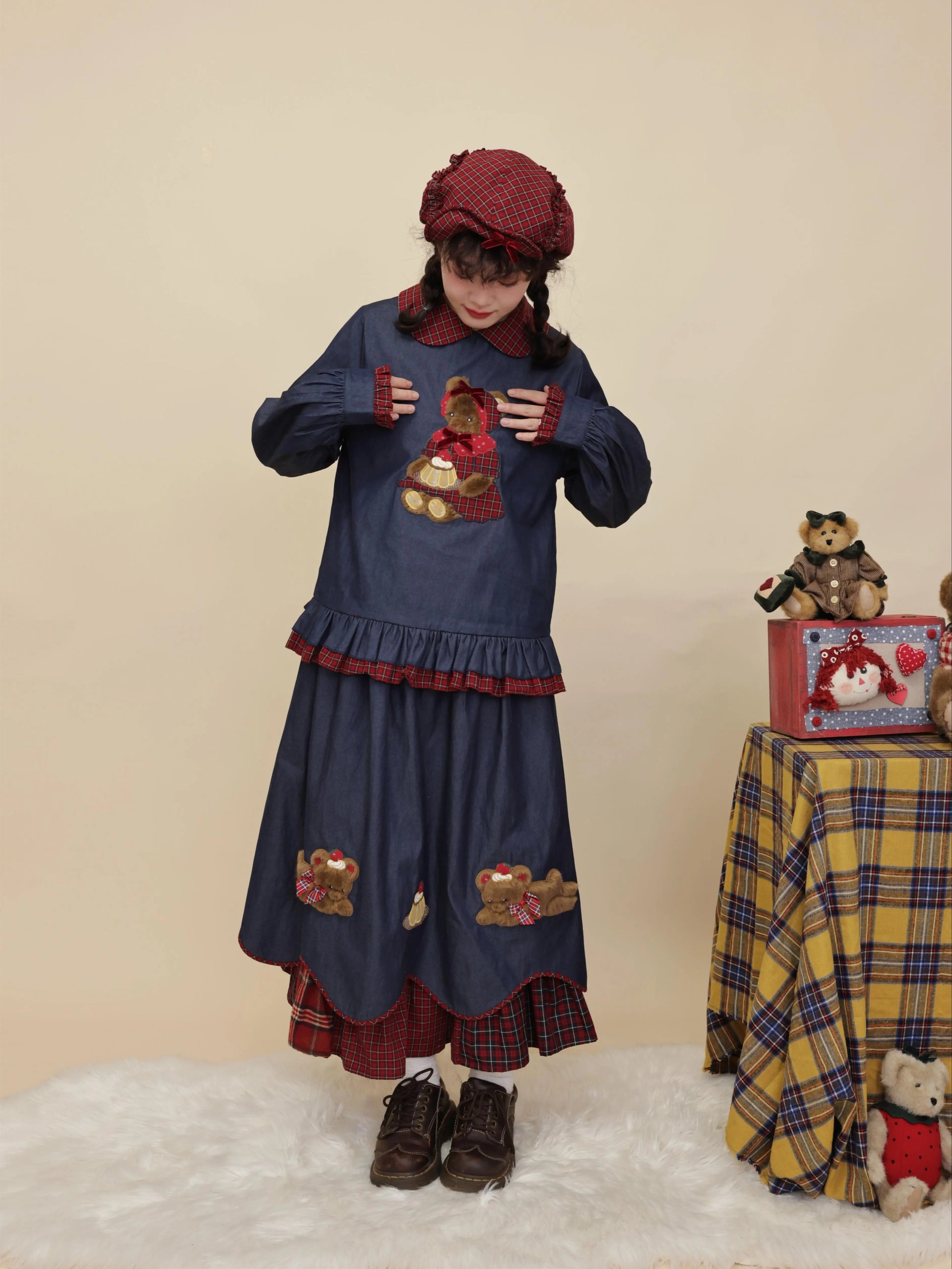 SemenCoicis - Kawaii Denim Shirt Plaid Lace Pudding Bear blouse SemenCoicis