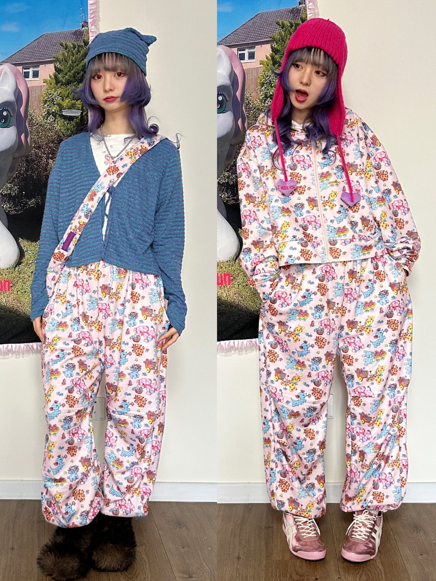 BunnyBunnyGun - Harajuku Vintage Animal Sweatpants Pink Fleece Loose pants bunnybunnygun
