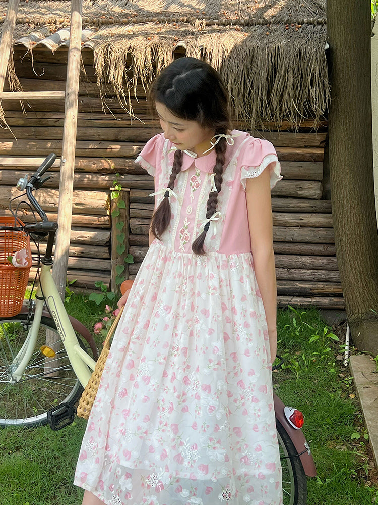 Mameya - Kawaii Pink Print Sleeveless Dress Ruffle Cap Sleeve Slim dress Mameya