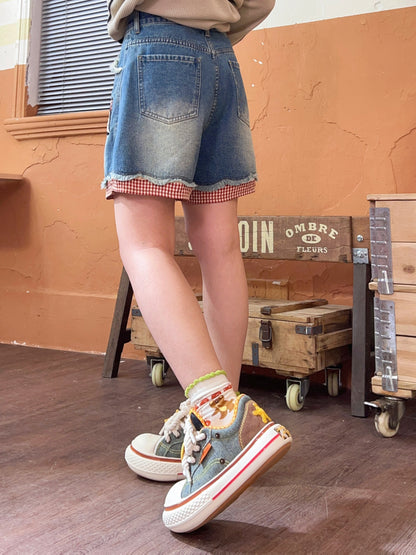 Robootoo - Embroidered High Waist Denim Shorts