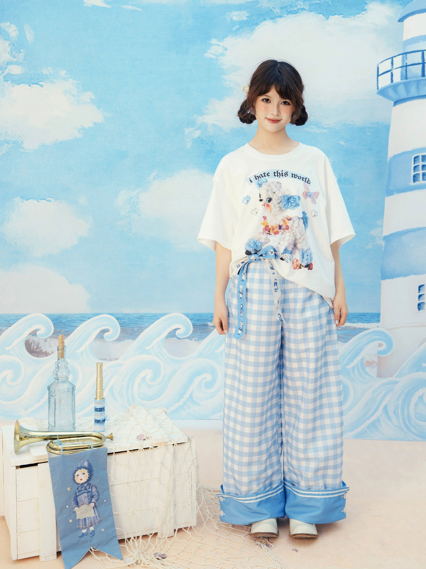 Meugler - Kawaii Wide Leg Pants Blue White Plaid Pants pants Meugler