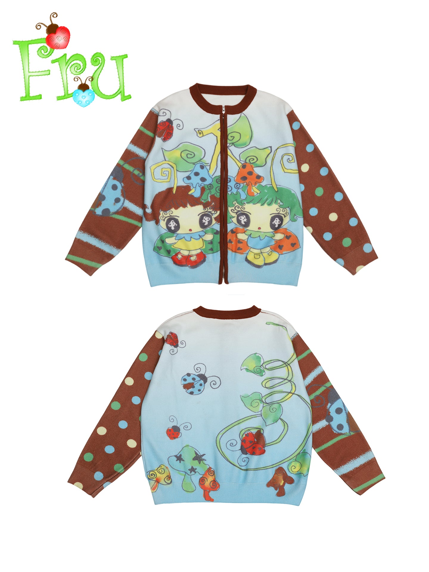 FruFru - Kawaii Knit Cardigan Blue Brown Printed Sweater cardigan frufru