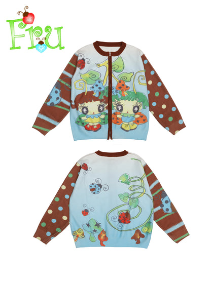 FruFru - Kawaii Knit Cardigan Blue Brown Printed Sweater cardigan frufru