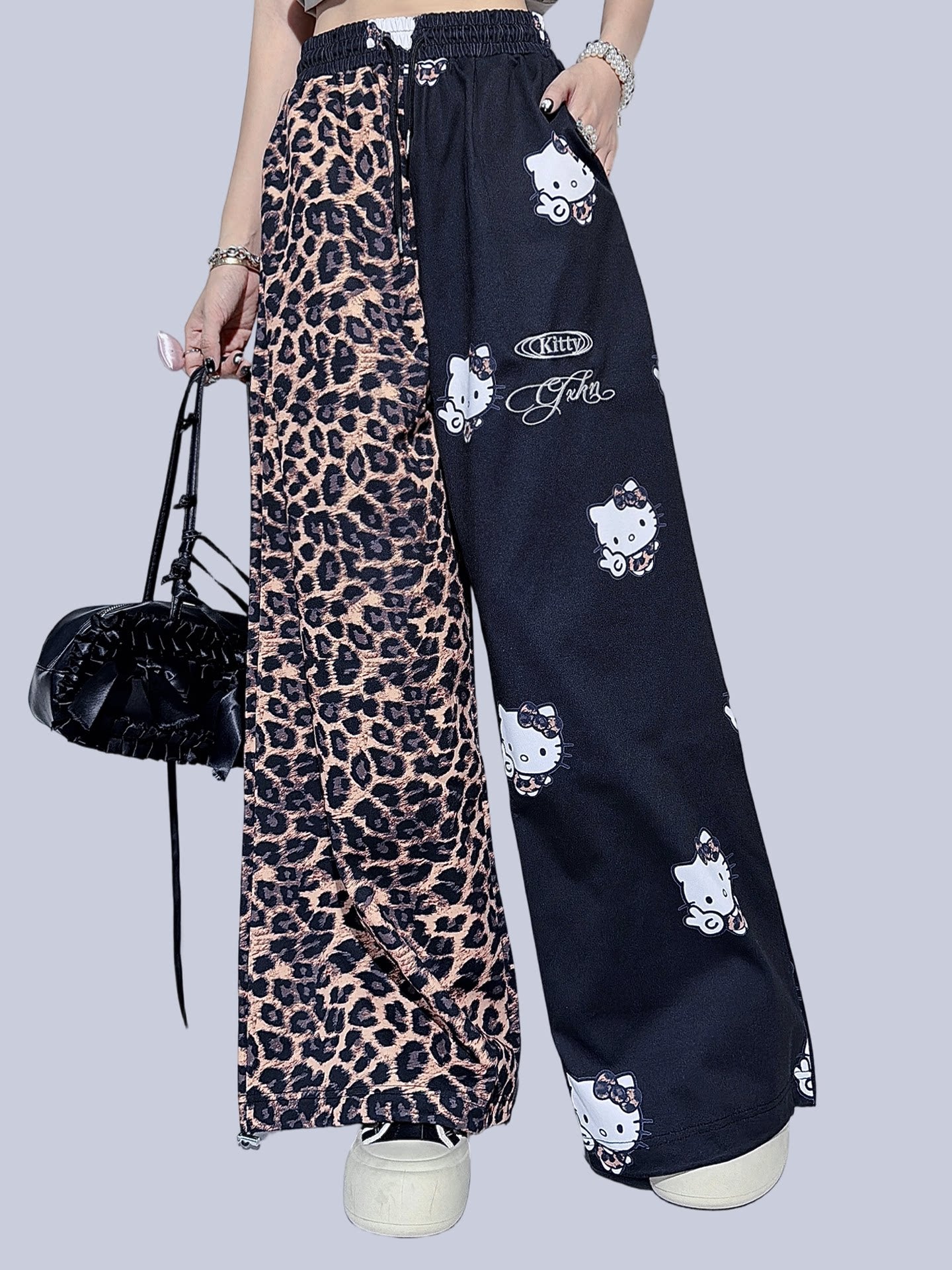 FANLOVEGIRL - Black Leopard Wide-Leg Sweatpants pants FANLOVEGIRL