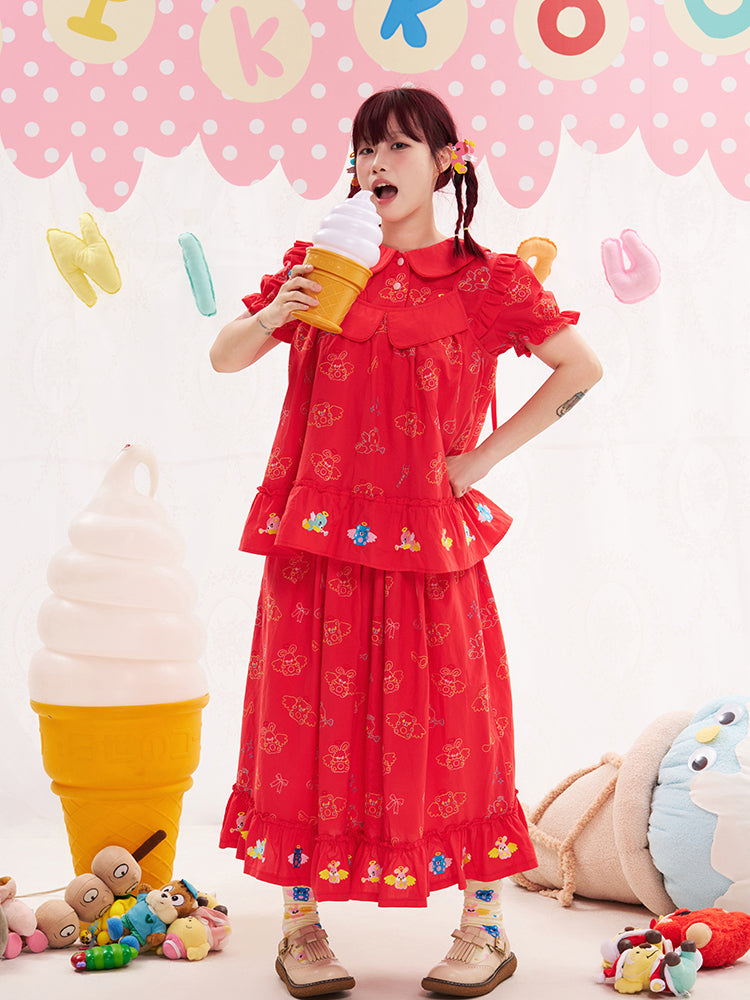 NIKKOU Kawaii Embroidered Red Skirt | Cotton Skirt with Detachable Apron skirt Nikkou home