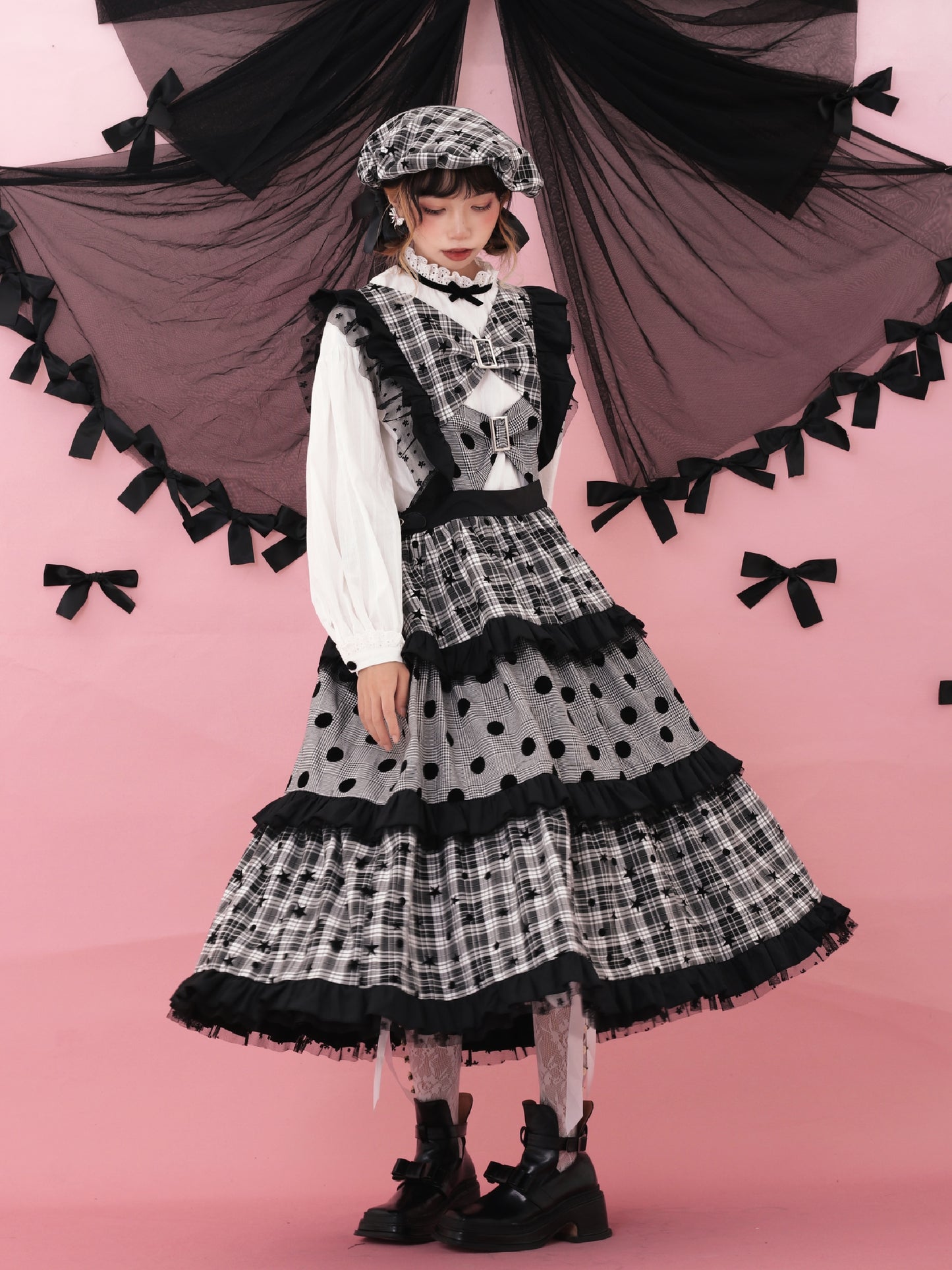 ShiChang Retro Showa Dress | Plaid Tiered Dress | Red Black High Waist Spring Dress dress ShiChang