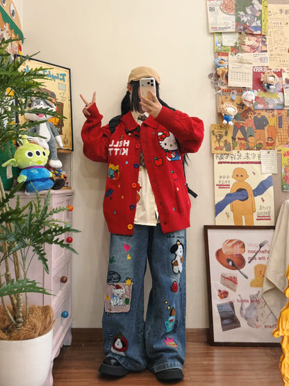 BIBULU - Kidcore Embroidered Red Knit Cardigan cardigan BIBULU