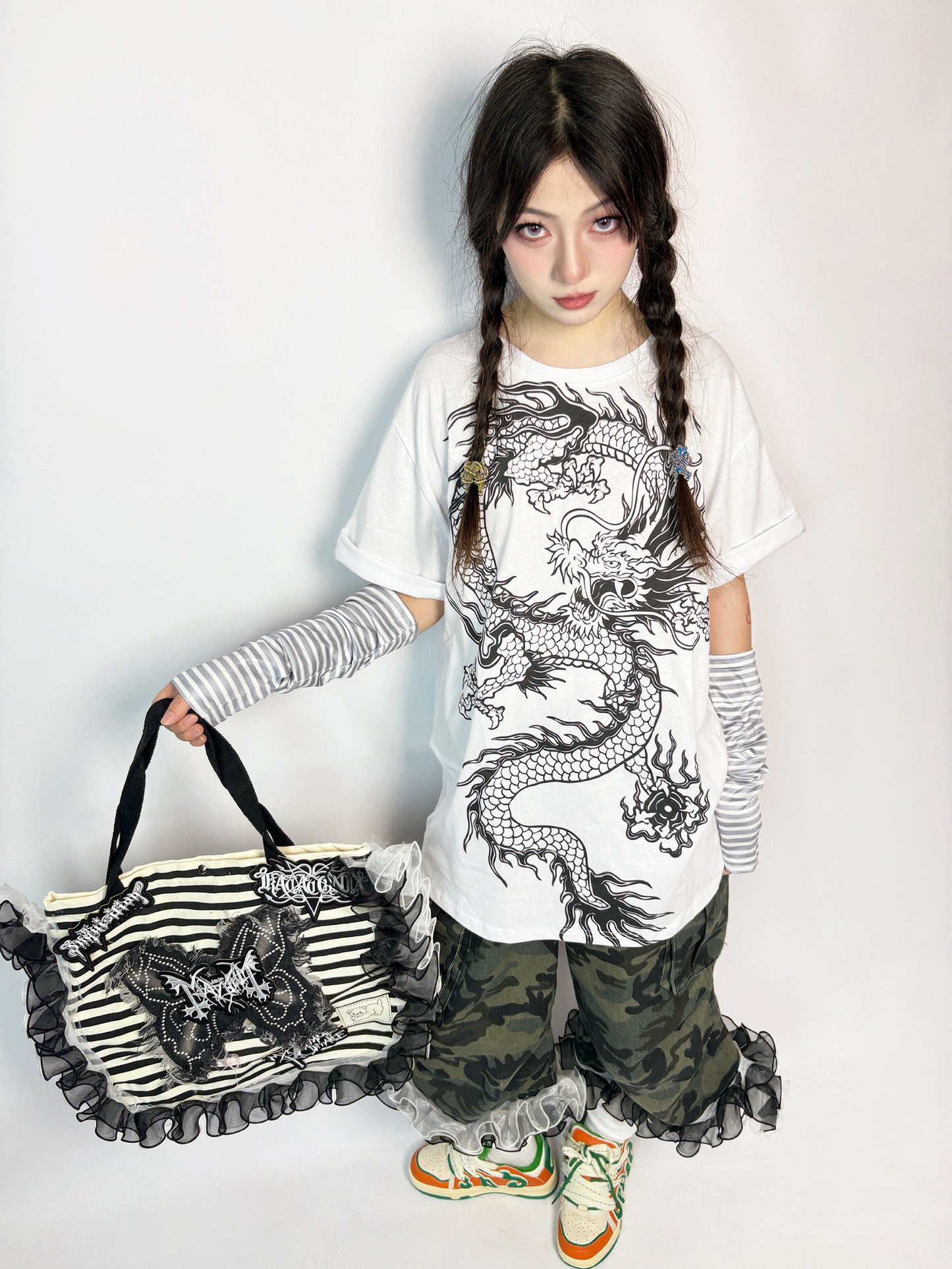 LEERROO - Chinese Style Dragon Print T-Shirt & Skirt Set set Leerroo