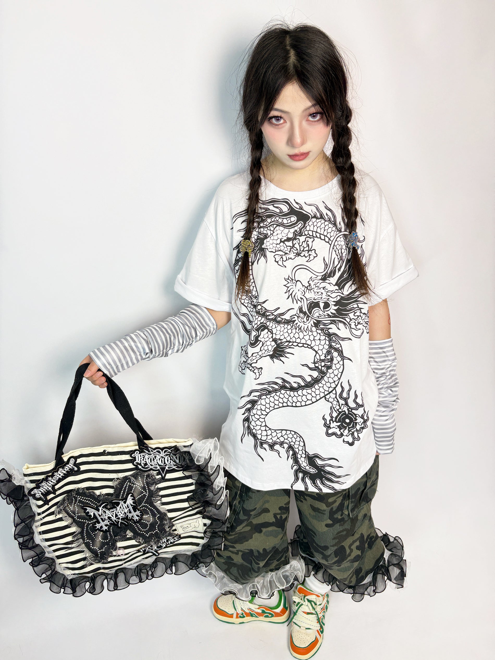LEERROO - Chinese Style Dragon Print T-Shirt & Skirt Set set Leerroo