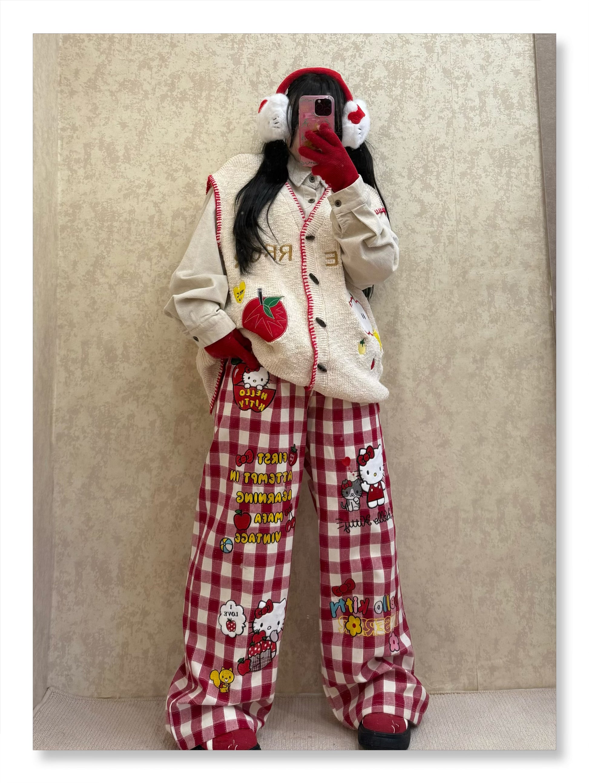 BIBULU - Kidcore Cartoon Embroidered Plaid Pants pants BIBULU Red M