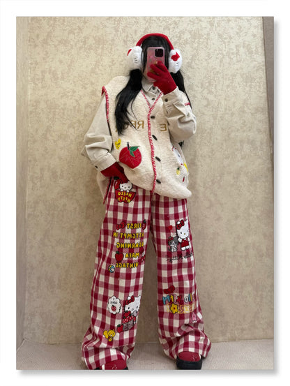 BIBULU - Kidcore Cartoon Embroidered Plaid Pants pants BIBULU Red M