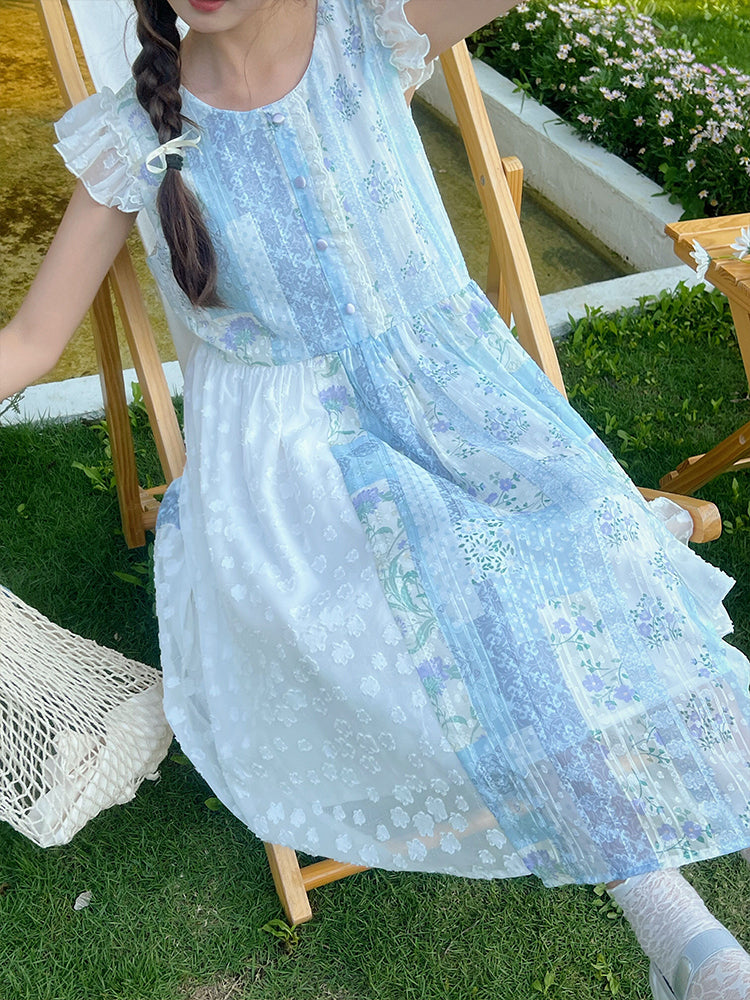 Mameya - Kawaii Light Blue Chiffon Vest Dress Ruffle Cap Sleeve Midi dress Mameya