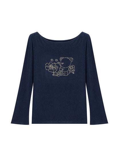 Tntntutu Base Layer Top | Dark Blue Bear Long Sleeve Shirt | Rhinestone Comfort Top shirt tntntutu