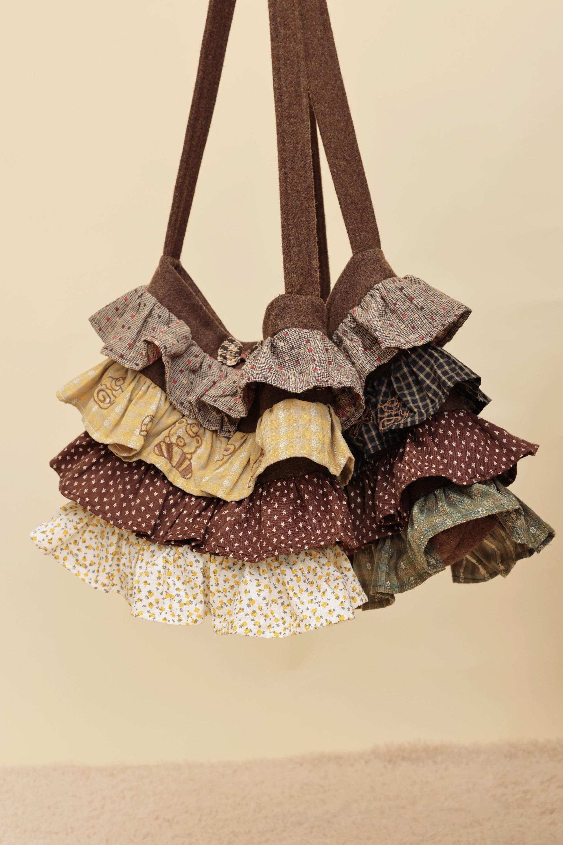 SemenCoicis - Kawaii Vintage Patchwork Plaid & Floral Wool Crossbody Bag bag SemenCoicis