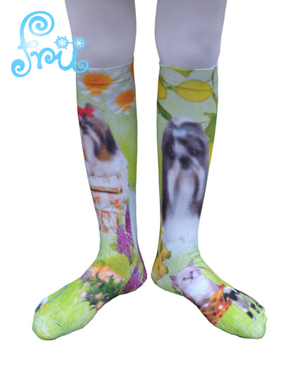 frufru Winter Dog Print Socks | Versatile Green Cute Mid-Calf Socks sock frufru