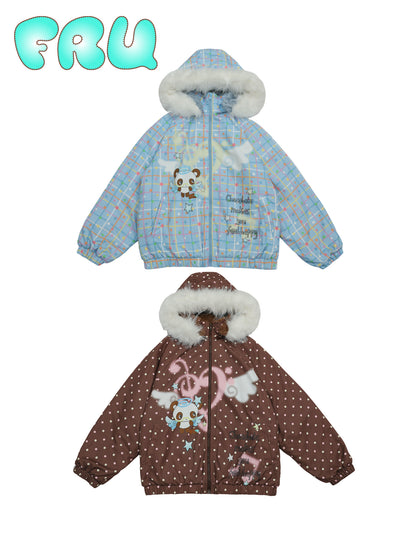 frufru - Kawaii Blue Brown Printed Hooded Jacket Warm Plush-Lined Winter Coat coat frufru
