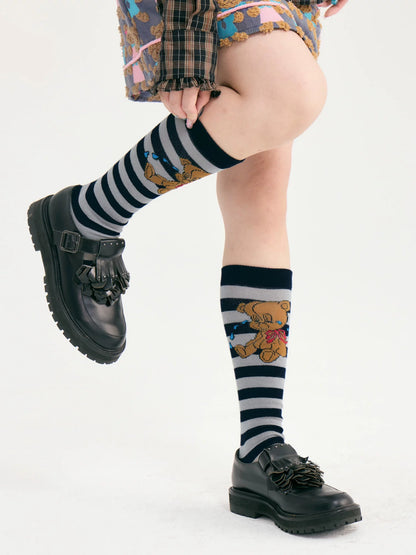 tntntutu - Teddy Cottage Striped Knit Socks socks tntntutu Navy Blue