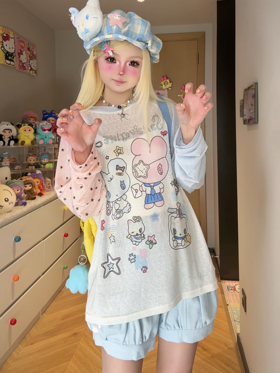 Cute Lin Raglan Sleeve Graphic Top | Kawaii Loose-Fit Summer Shirt shirt cute lin Blue S