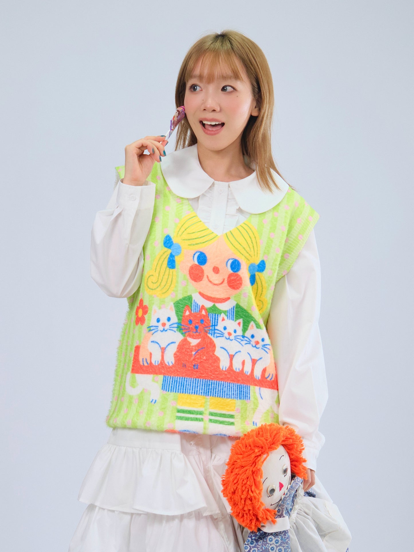 MeowMeow Bug - Kidcore Cat Girl Knit Vest Soft Fuzzy Sleeveless Top