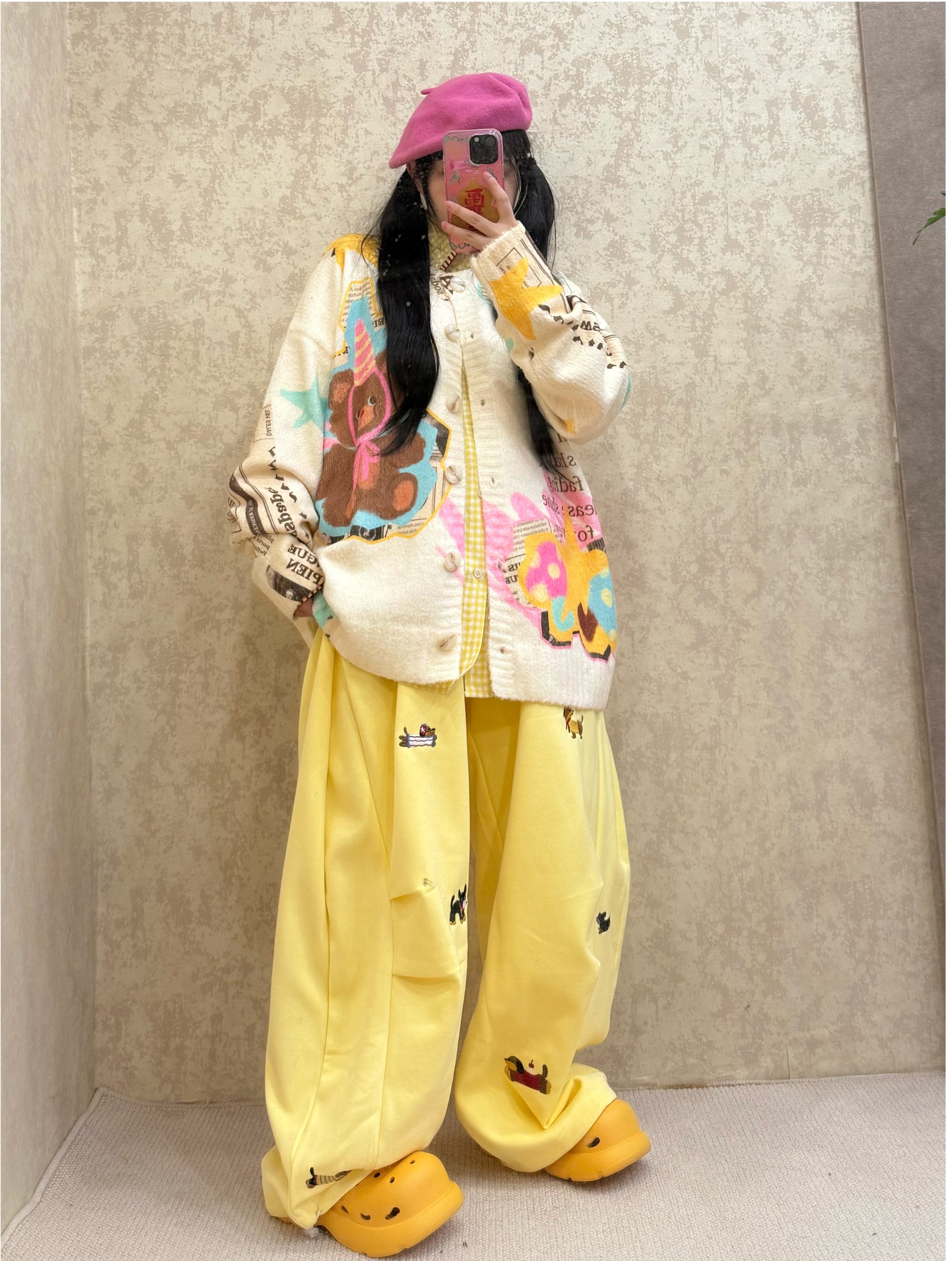 BIBULU - Kidcore Yellow Bear Print Vintage Sweater cardigan BIBULU