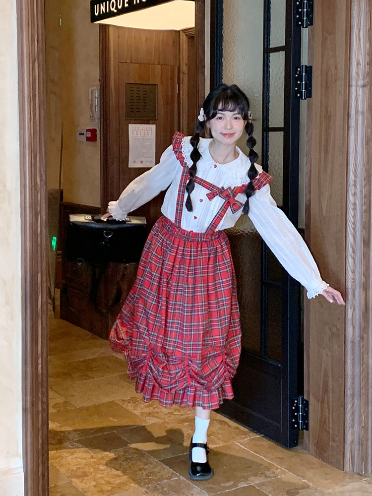 Mameya - Kawaii Red Plaid Bubble Skirt Adjustable Strap Mid-Length dress Mameya