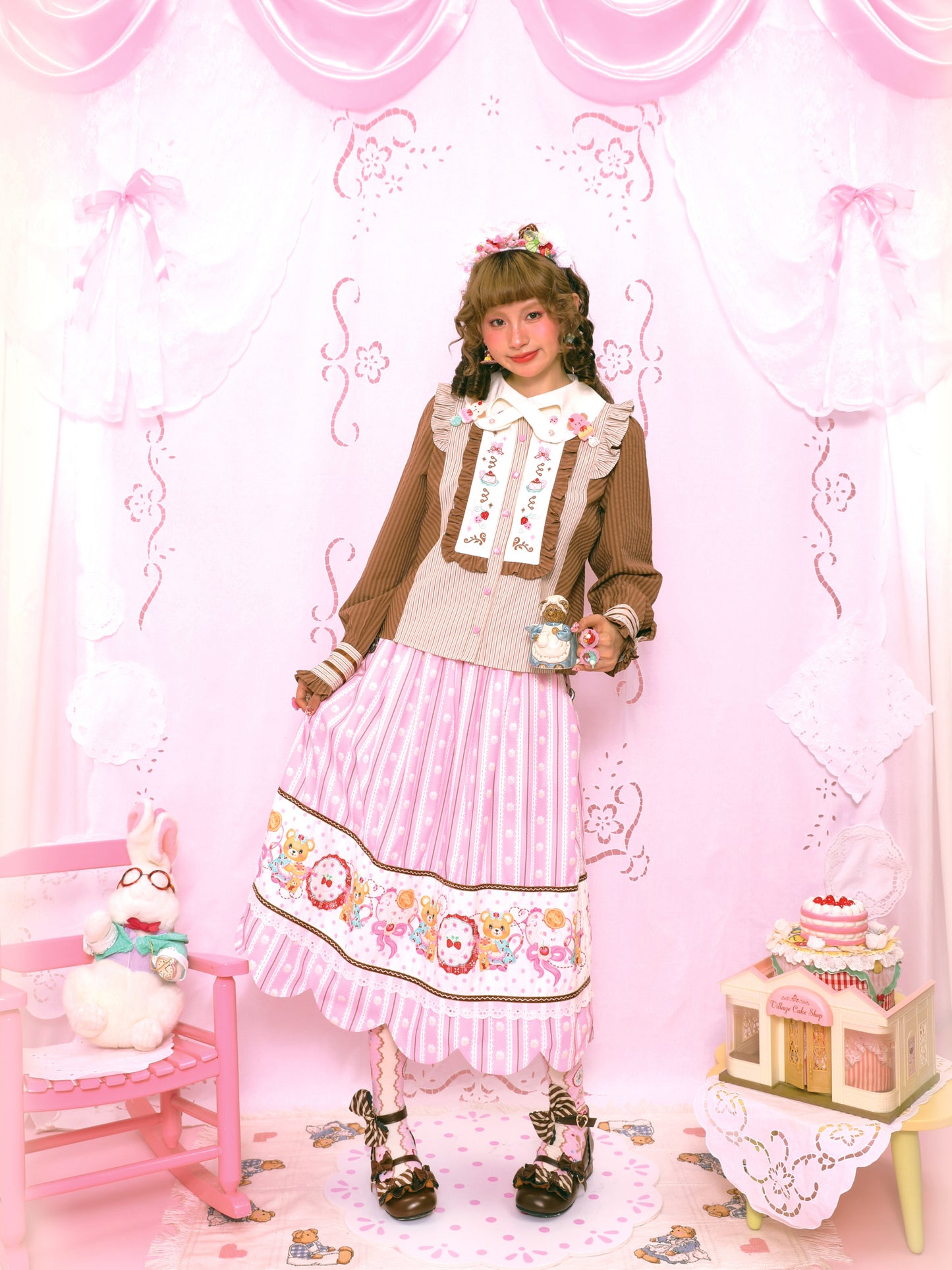 Lutra Jump - Kawaii Striped Cream Skirt Elastic Waist Long skirt Lutra Jump
