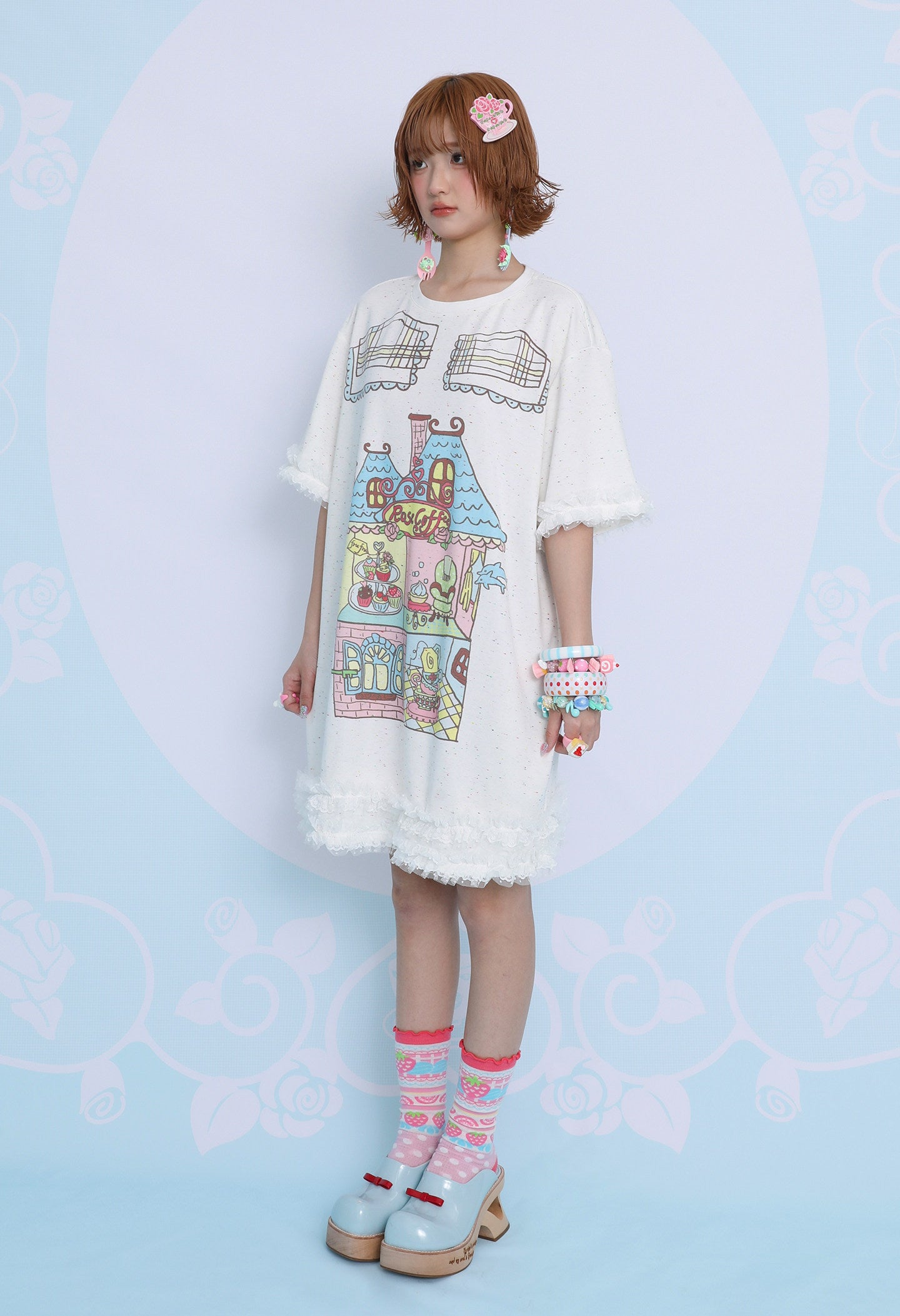 frufru - Rose Cafe Print Oversized T-Shirt Dress dress frufru