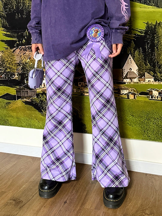 BunnyBunnyGun - Y2K Flare Pants Purple Plaid Retro Loose Fit pants bunnybunnygun