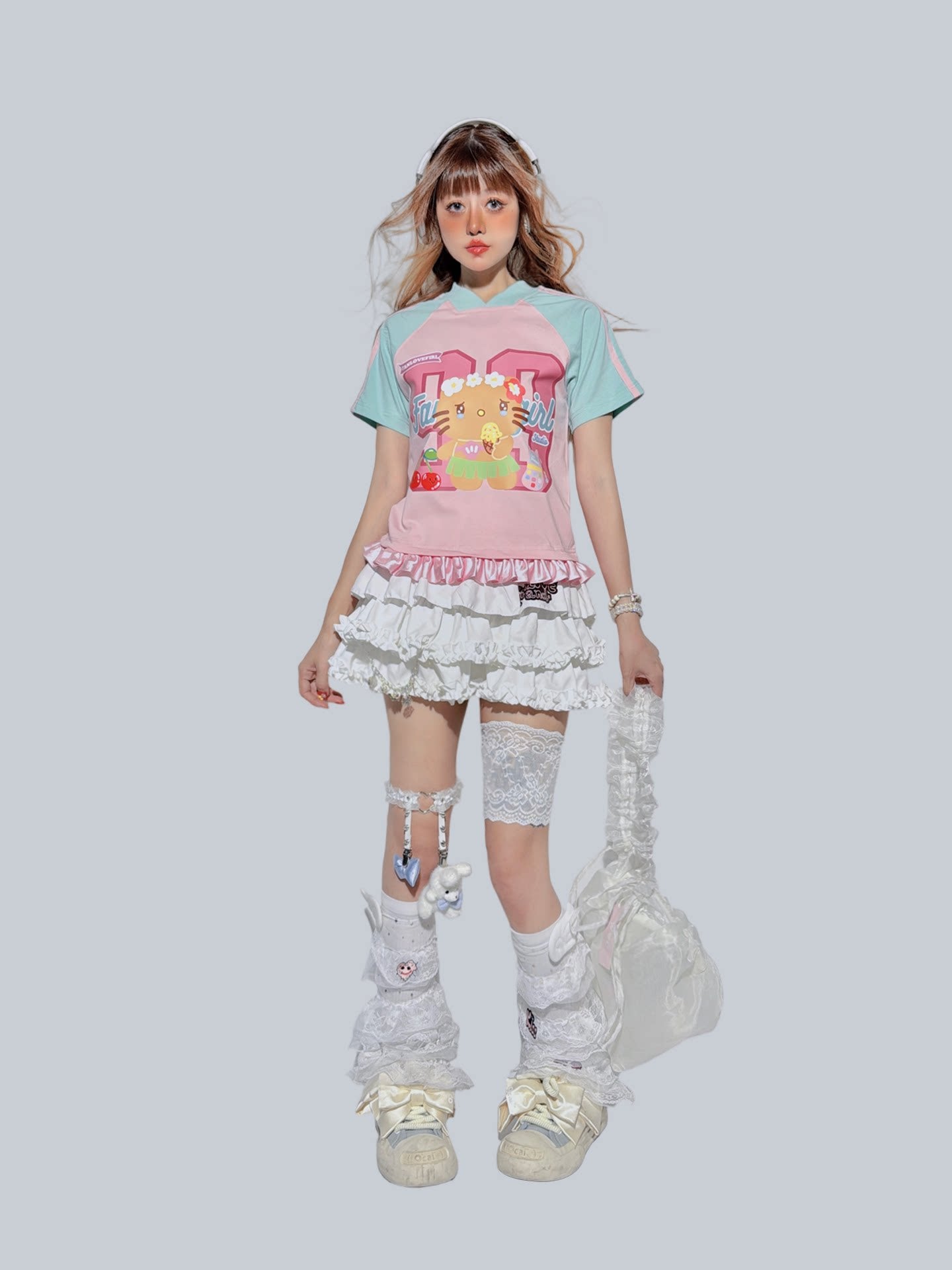 FANLOVEGIRL - Pink Sporty Lace Trim T-Shirt tshirt FANLOVEGIRL
