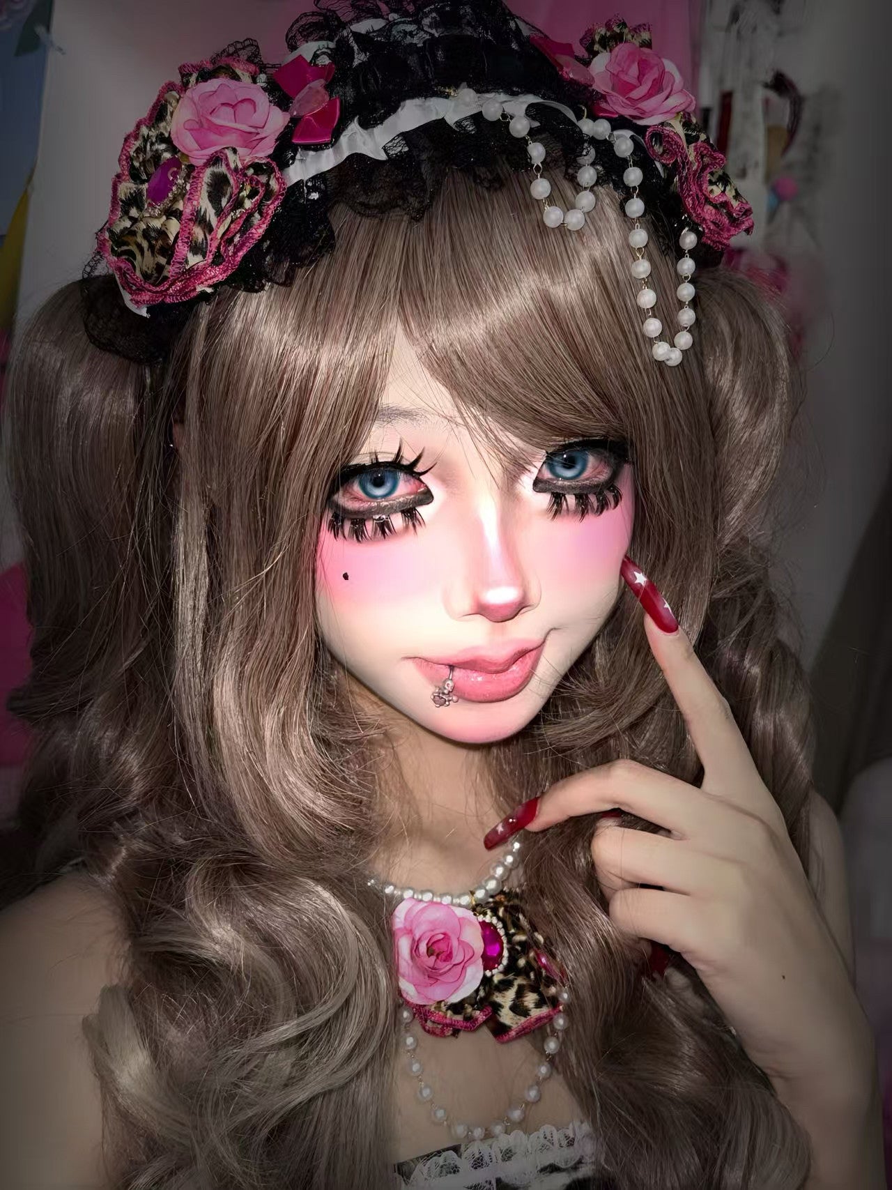 Gyaru Leopard Rose Chain Bow Hair Clip hairband moji