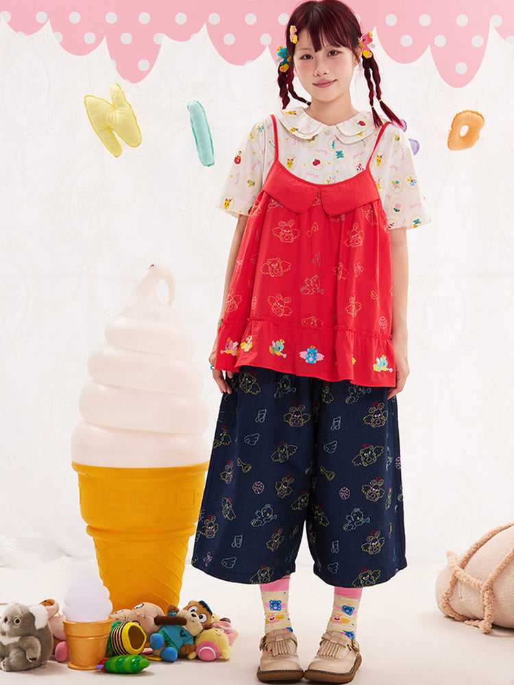NIKKOU Adjustable Cotton Tank | Kawaii Embroidered Red Camisole Top camisole Nikkou home