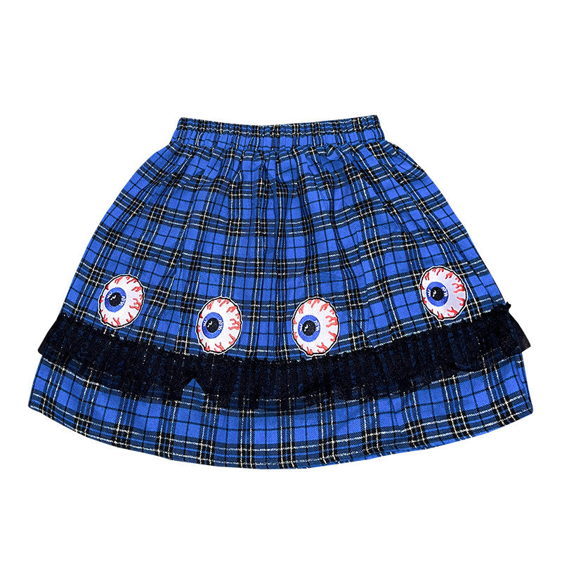 FANLOVEGIRL - Eye Embroidery Plaid Mini Skirt | Y2K Punk Harajuku Fashion skirt FANLOVEGIRL Blue - Front Appliqué Only (Reversible)