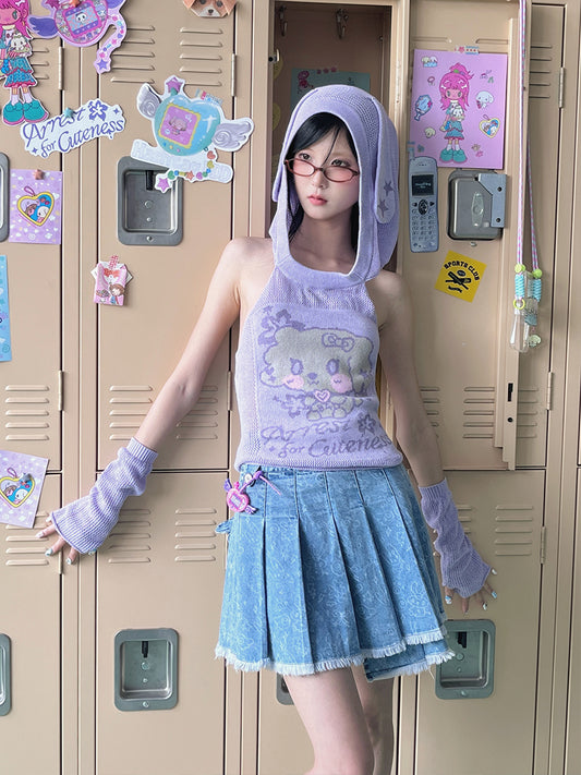 Hashtag DDD - Y2K Angel Denim Pleated Mini Skirt skirt Hashtag DDD