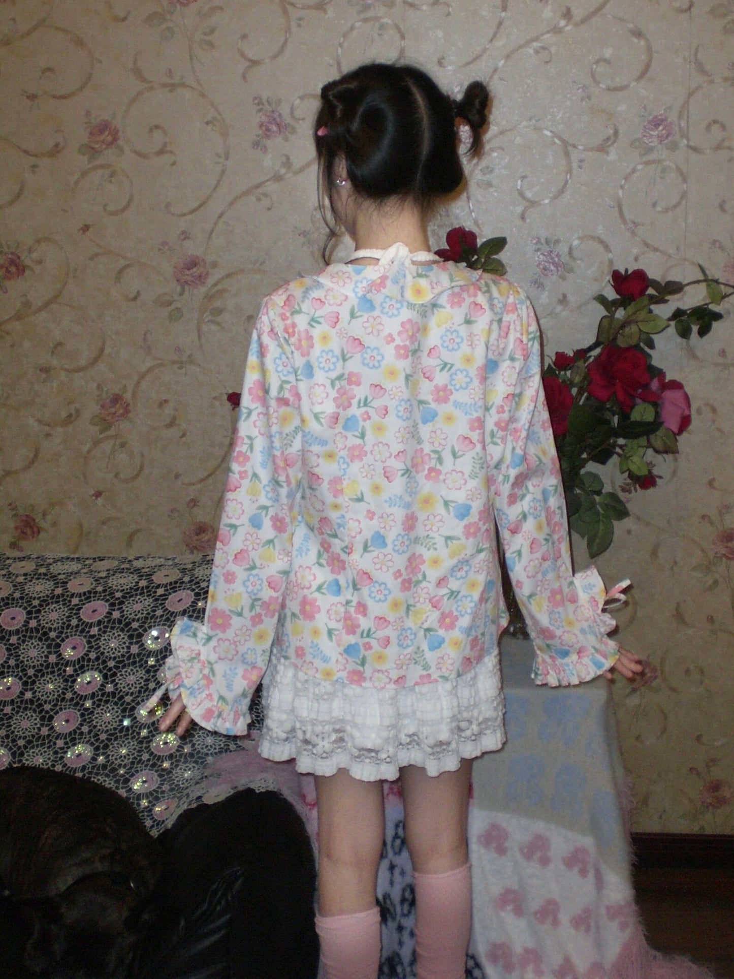 HIBABAO - Floral Ruffle Tie Cardigan Shirt shirt HIBABAO