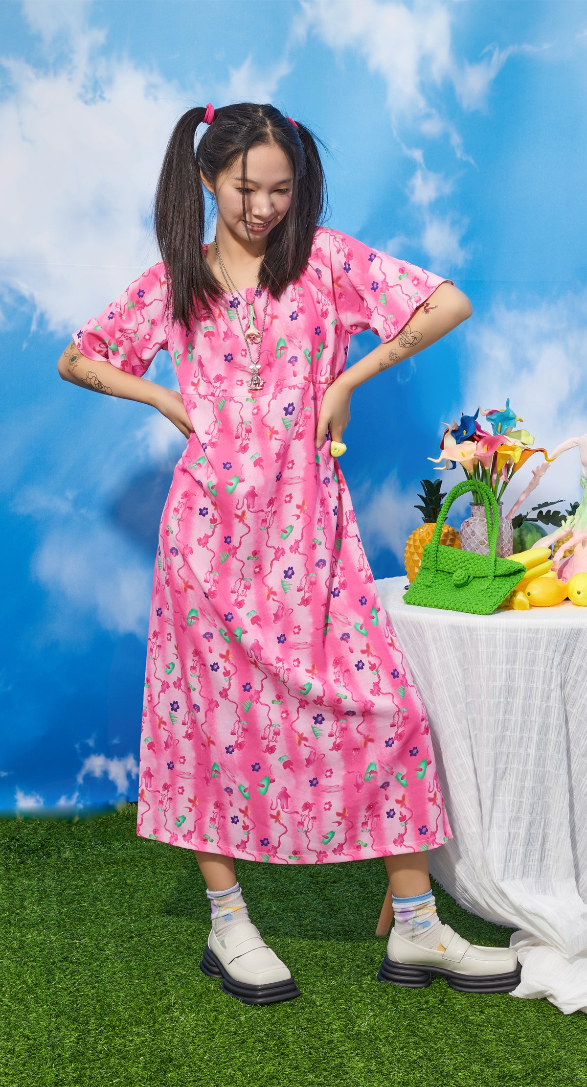 Harajuku Dress Rose Pink Loose Dress Print Cute Vintage Dress dress Moon Meadow