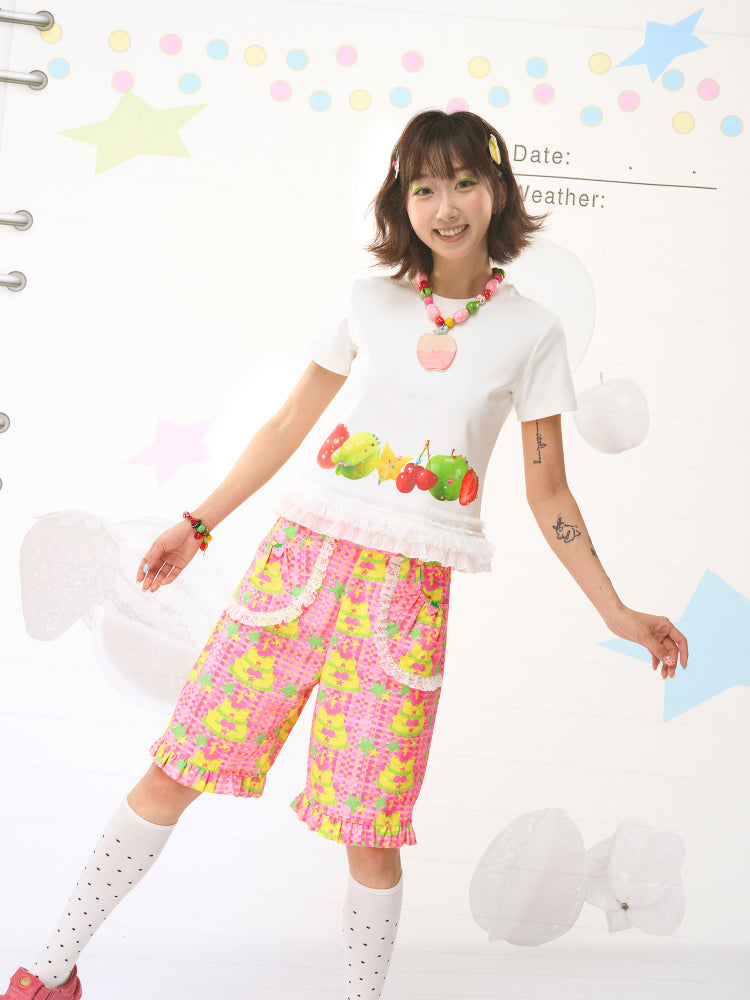 FRUITS Cake Illustration Shorts | Lace-Trimmed Culottes pants Fruits