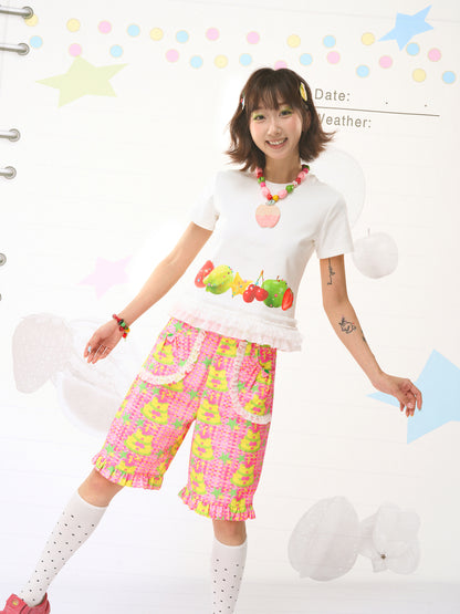 FRUITS Cake Illustration Shorts | Lace-Trimmed Culottes pants Fruits