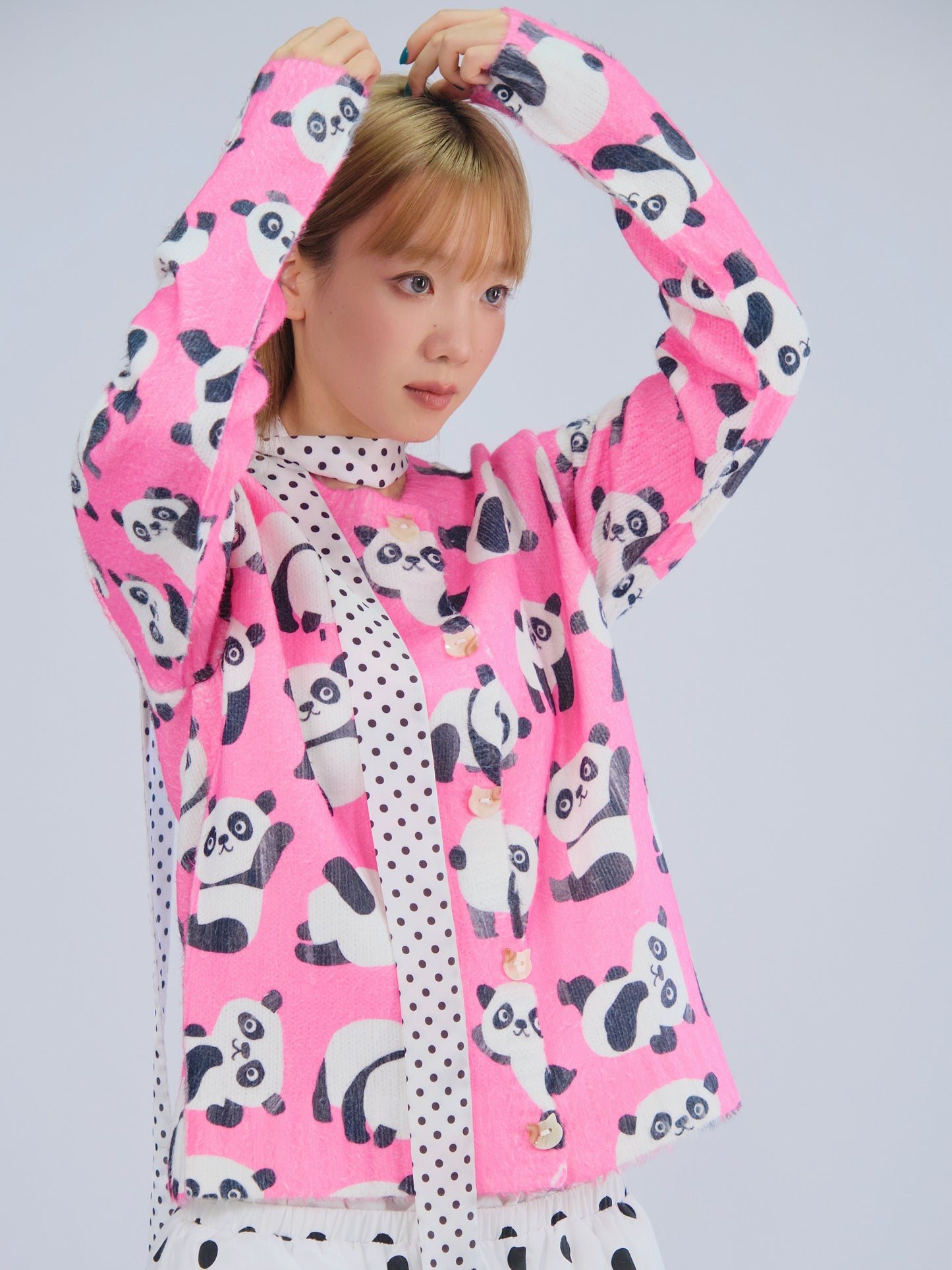 MeowMeow Bug - Kawaii Pink Panda Knit Cardigan Cropped Soft Slim Fit