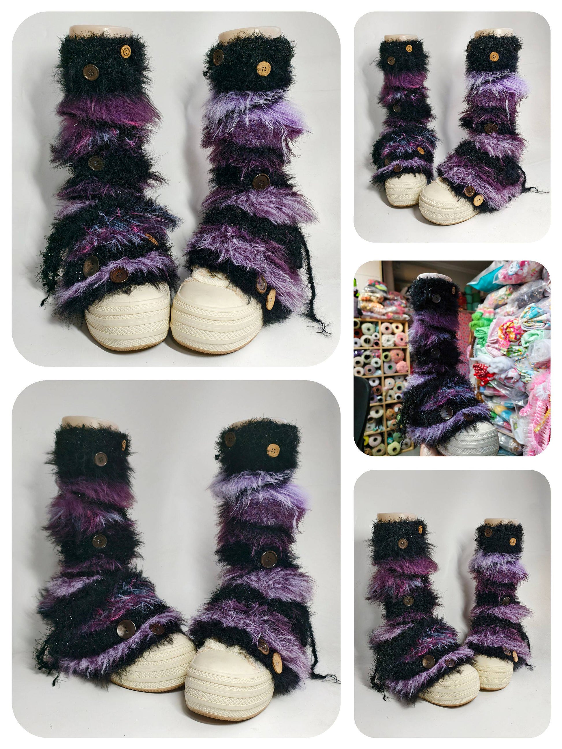 Handmade Black Purple Plush Leg Warmers leg warmmers Handmade