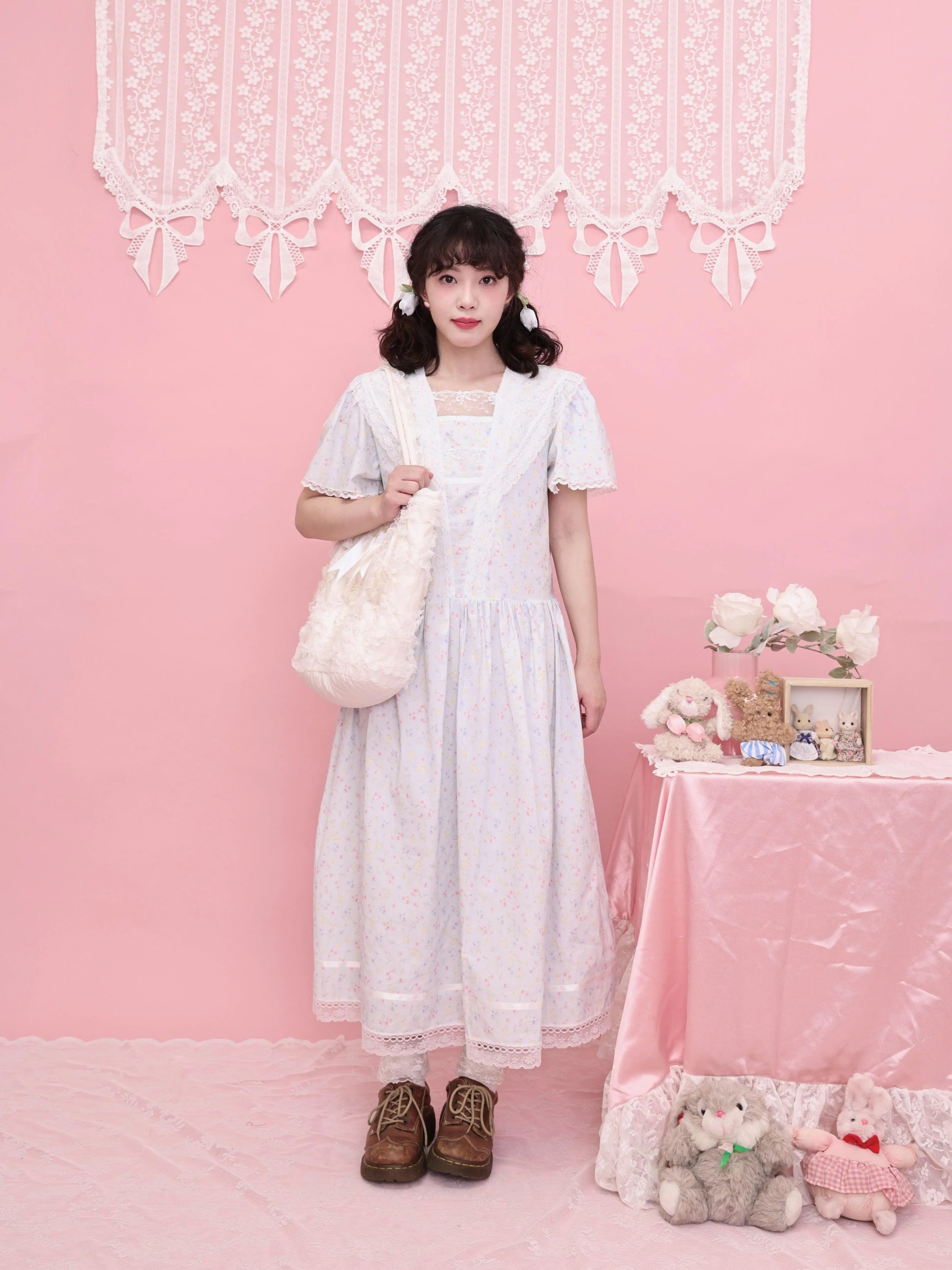SemenCoicis - Kawaii Floral Sailor Dress - Blue Cotton Lace Trim dress SemenCoicis