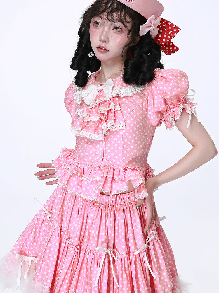 SOS MEME CLUB - Showa Vintage Kawaii Pink Polka Dot Shirt blouse SOS MEME CLUB