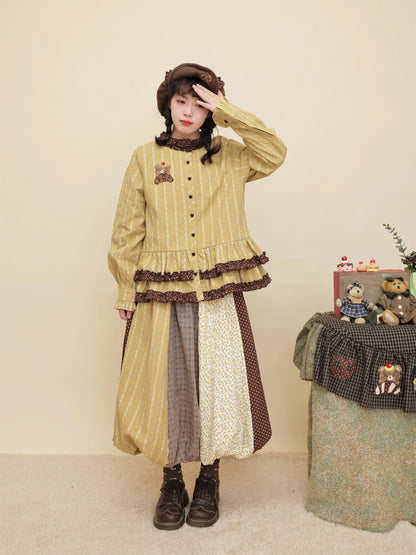 SemenCoicis - Kawaii Vintage Mustard Brown Patchwork Floral Puff Skirt skirt SemenCoicis