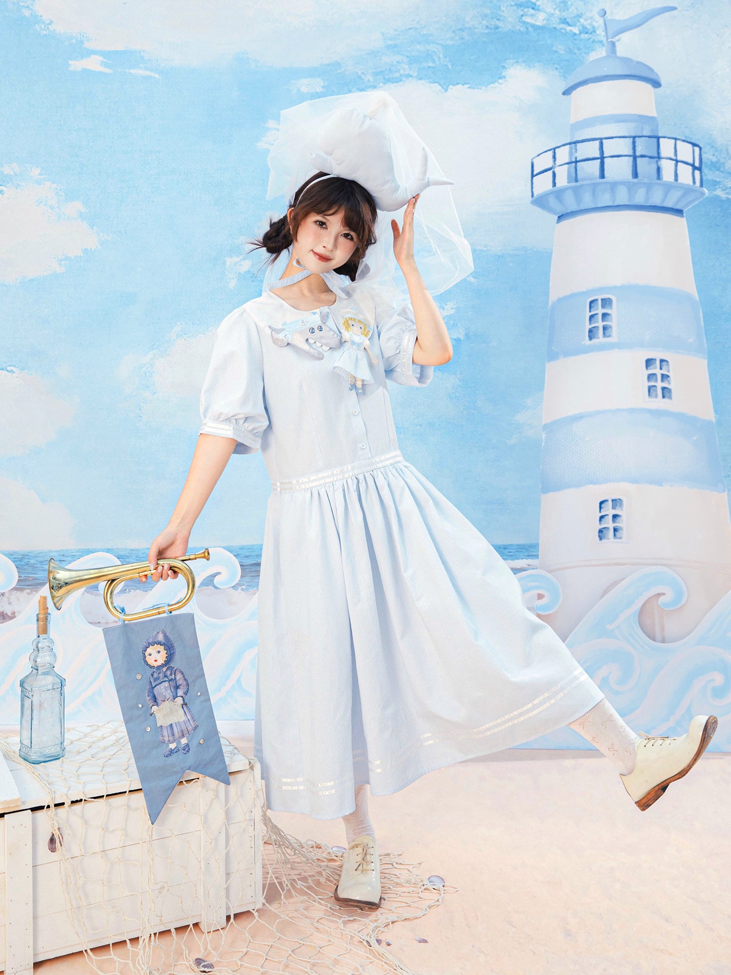 Meugler - Kawaii Dress Blue White Stripes dress Meugler