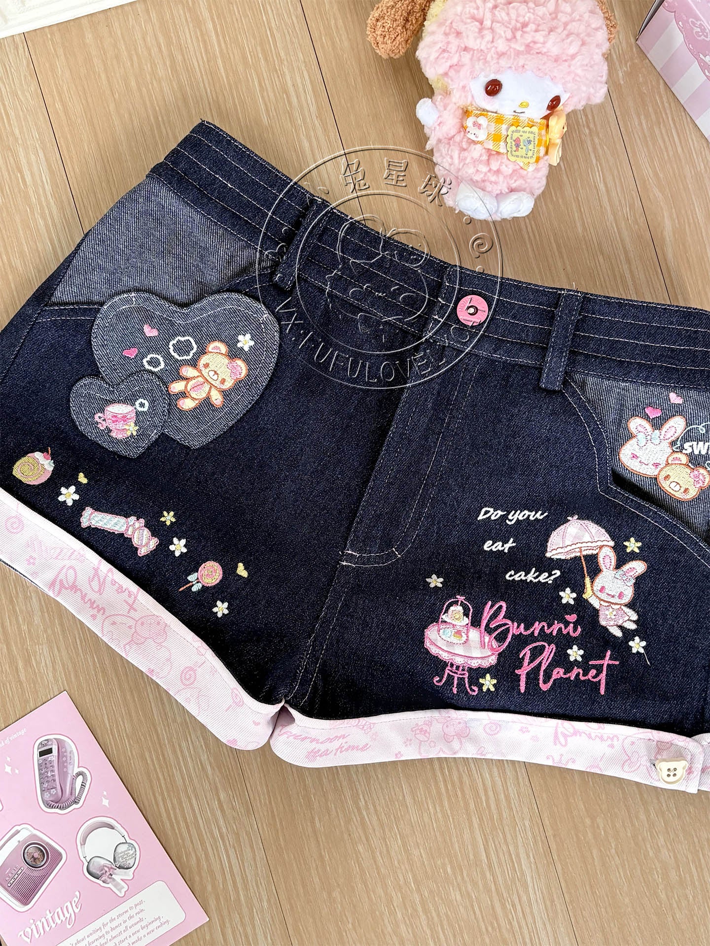 Bunny Planet - Navy Bunny Embroidered Denim Shorts shorts bunnyplanet