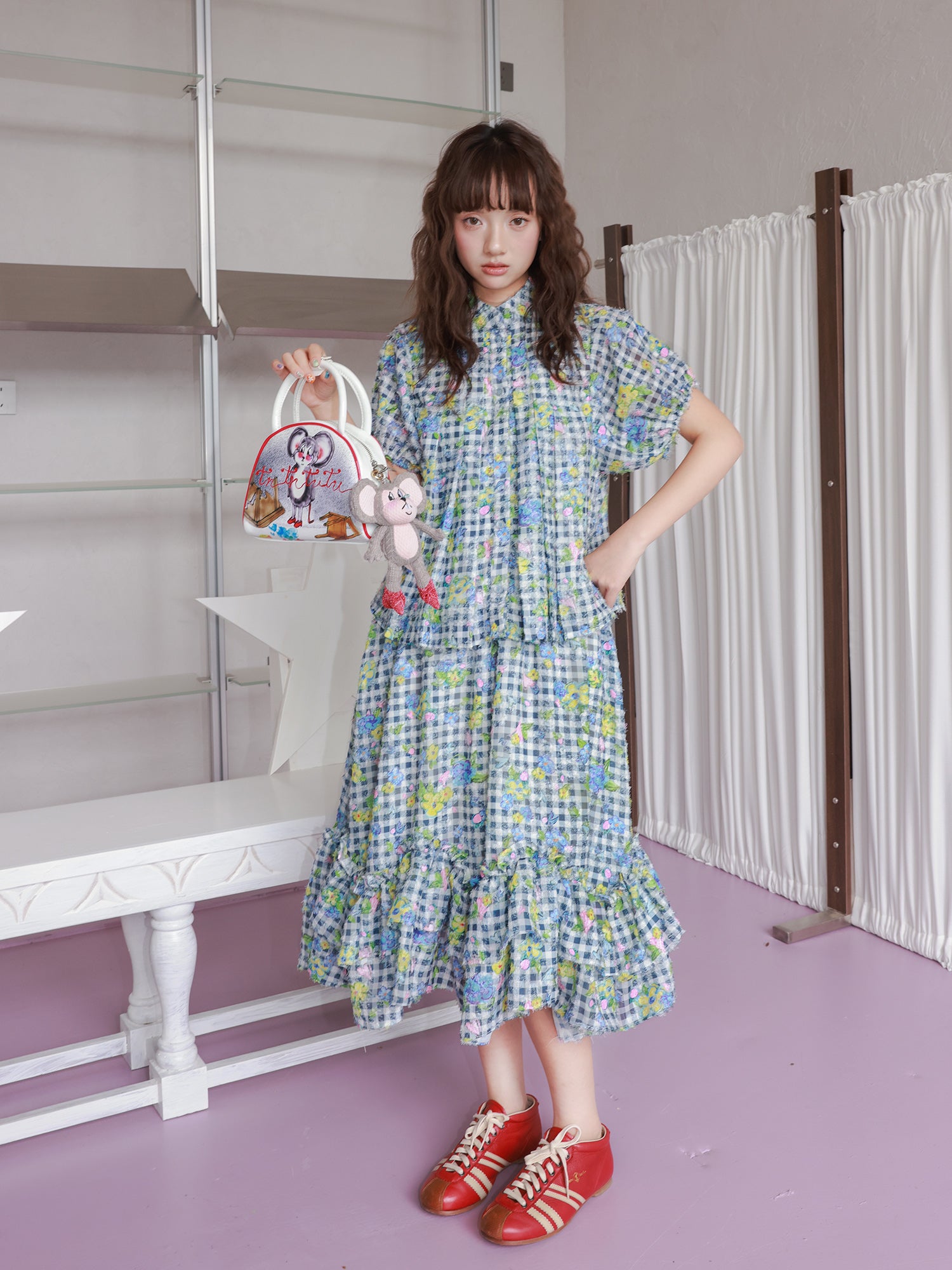 tntntutu Blue & White Plaid Floral Shirt and Mermaid Hem Skirt Set set tntntutu